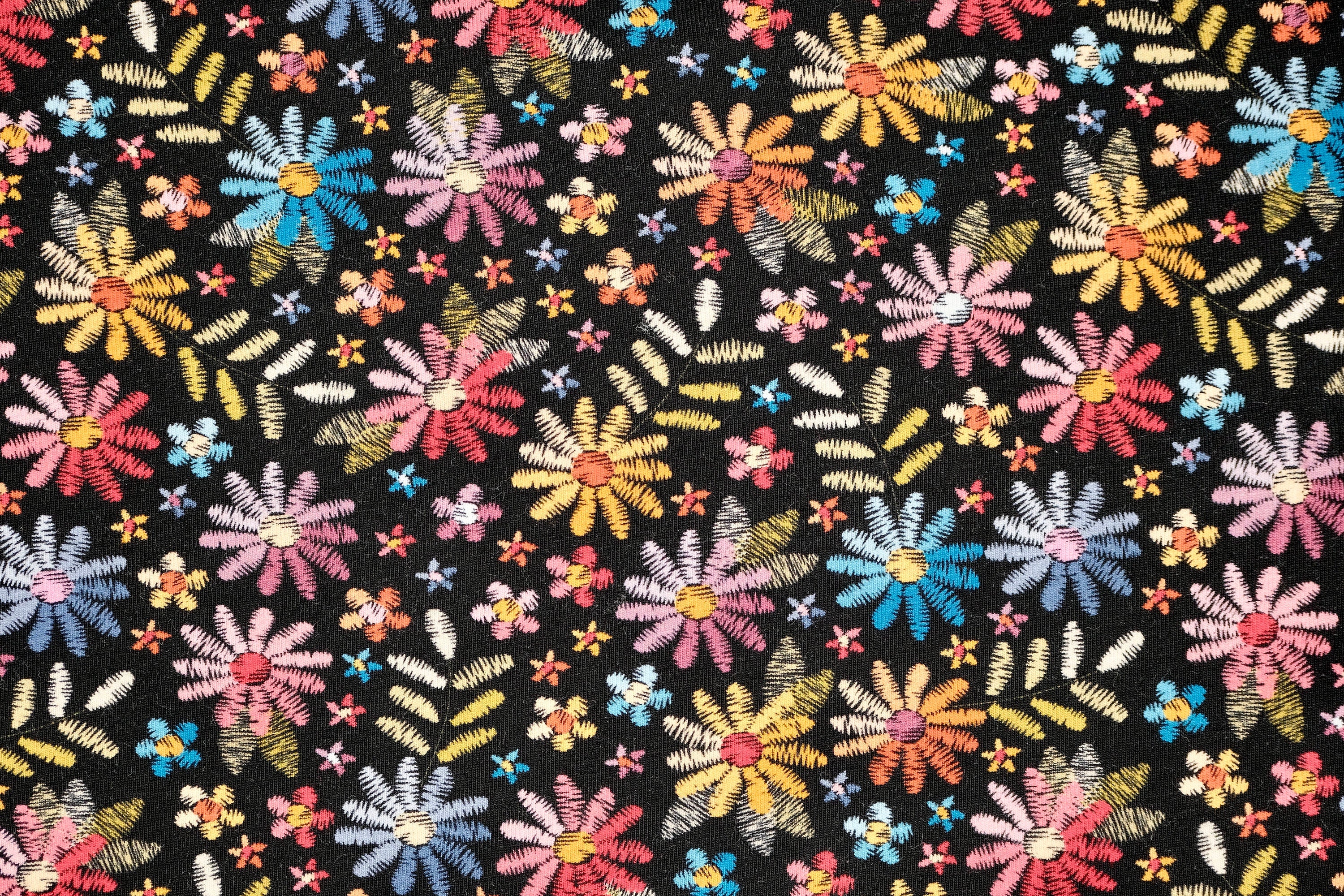 Jersey Baumwollstoff Gestickte Blumen Bunt, Jerseystoff floral, Mdchenstoff bunt, Baummwolljersey